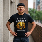 Man wearing a black t-shirt with 'Back to Back CHAMP' print, standing against an urban background.