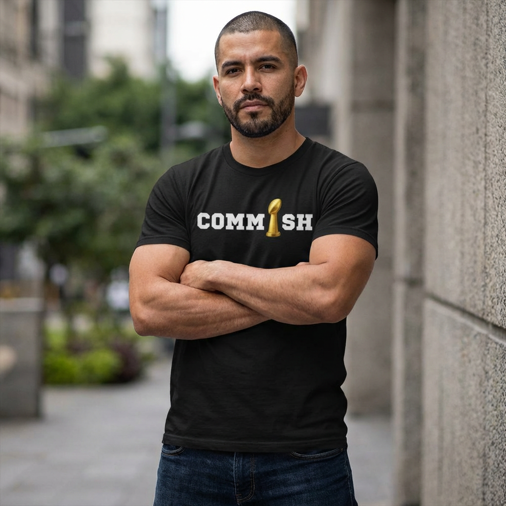 Man wearing a black t-shirt with 'COMMISH' printed on it, standing outdoors.