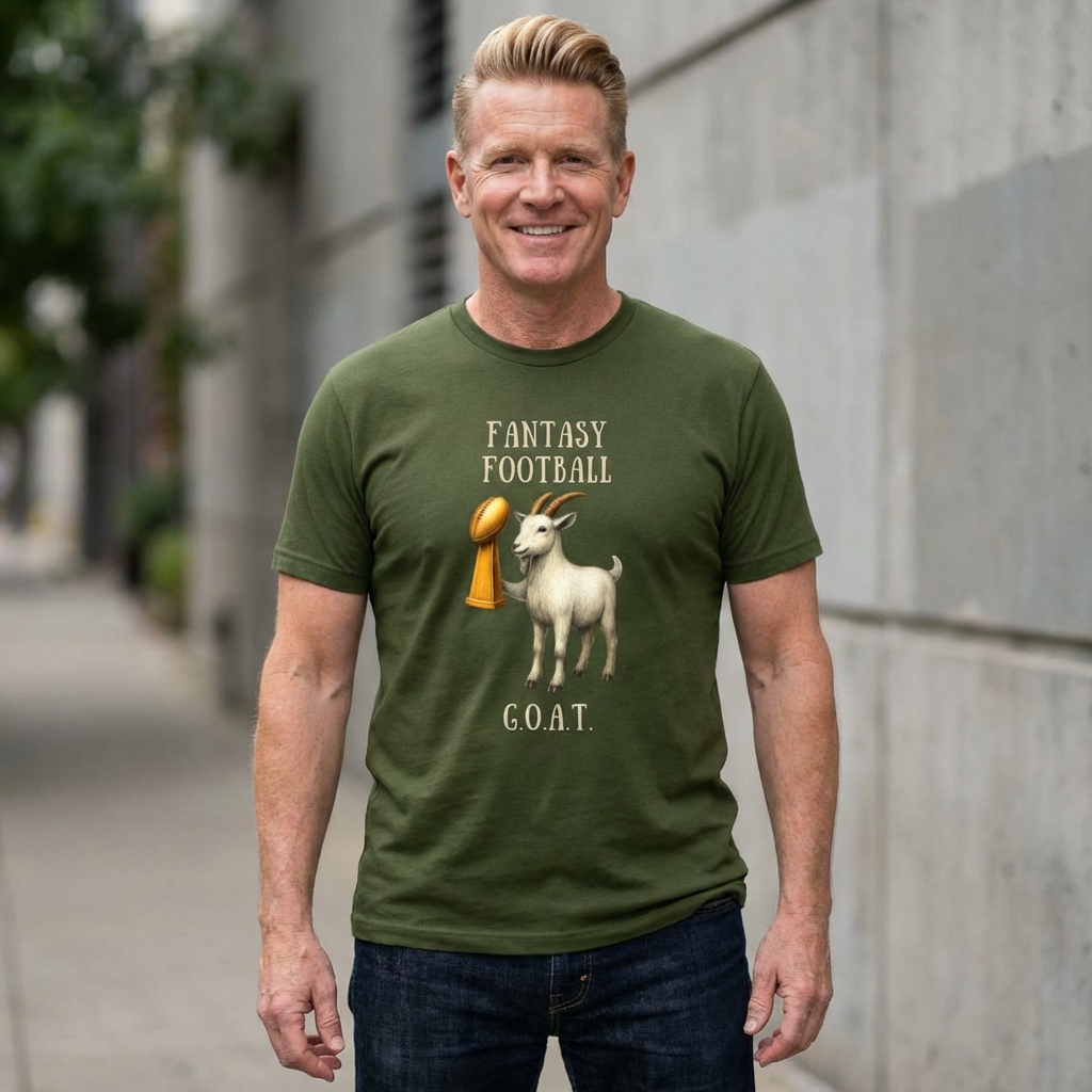 Man wearing a green t-shirt with a graphic of a goat and text, standing outdoors.