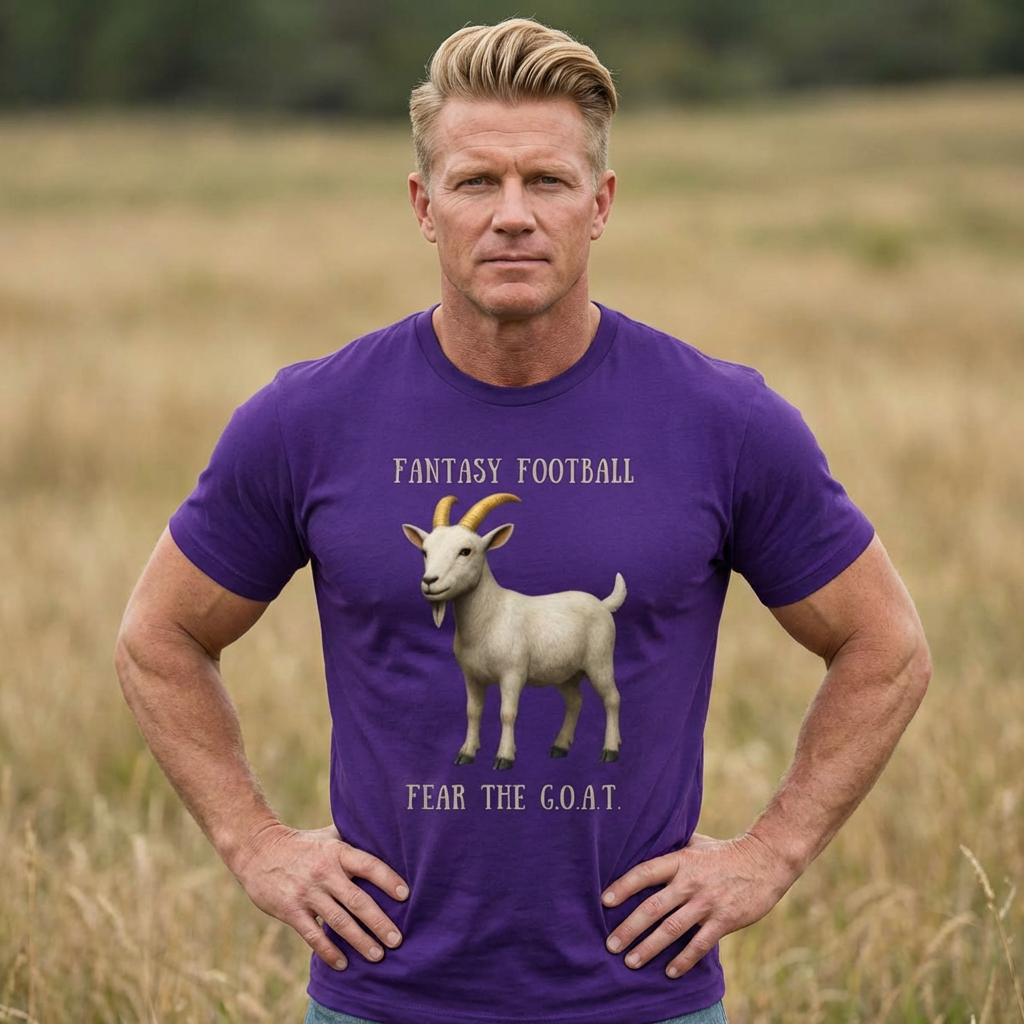 Man wearing a purple t-shirt with a goat graphic and text in a field