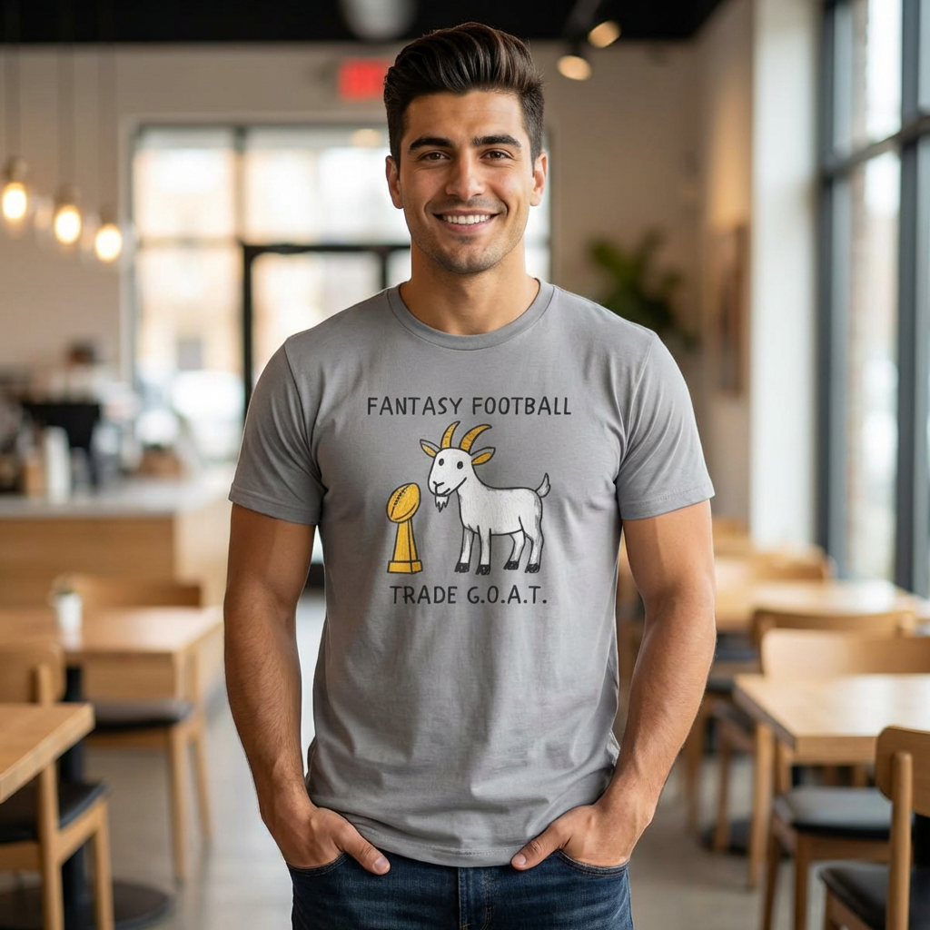 Man wearing a gray t-shirt with a graphic design in a casual setting