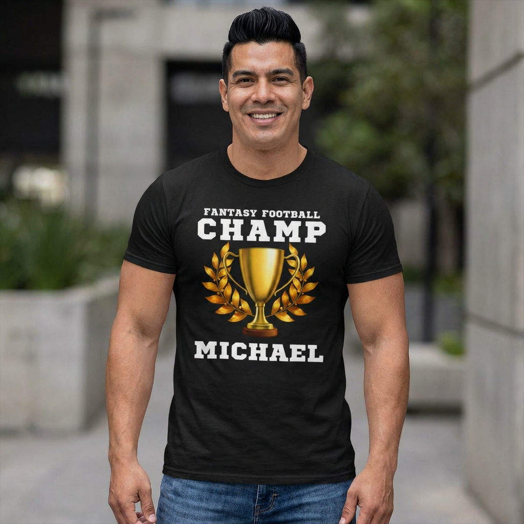 Man wearing a black t-shirt with 'Fantasy Football Champ Michael' design outdoors.