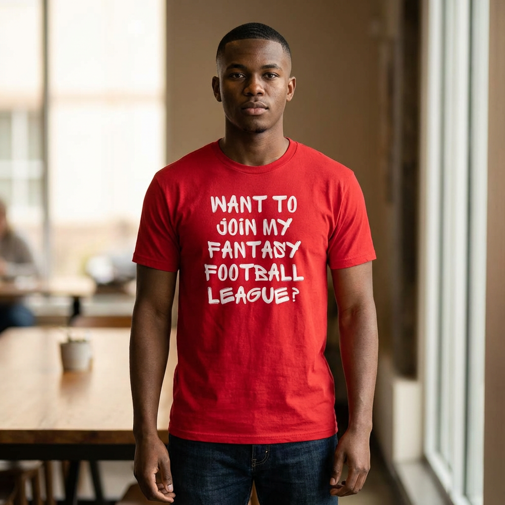 Man wearing a red t-shirt with text in a casual indoor setting