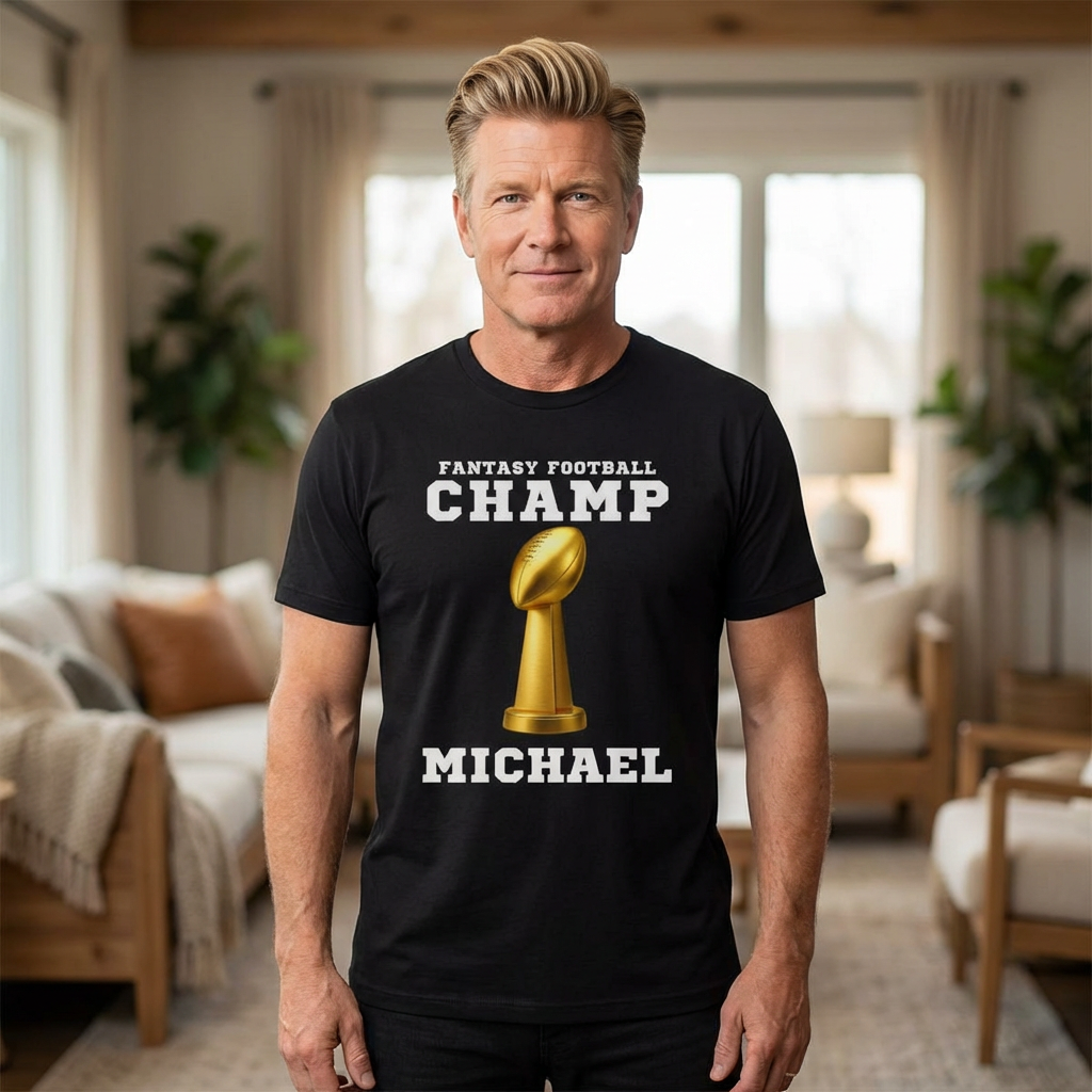 Man wearing a black t-shirt with 'Fantasy Football Champ Michael' text and trophy graphic in a living room.