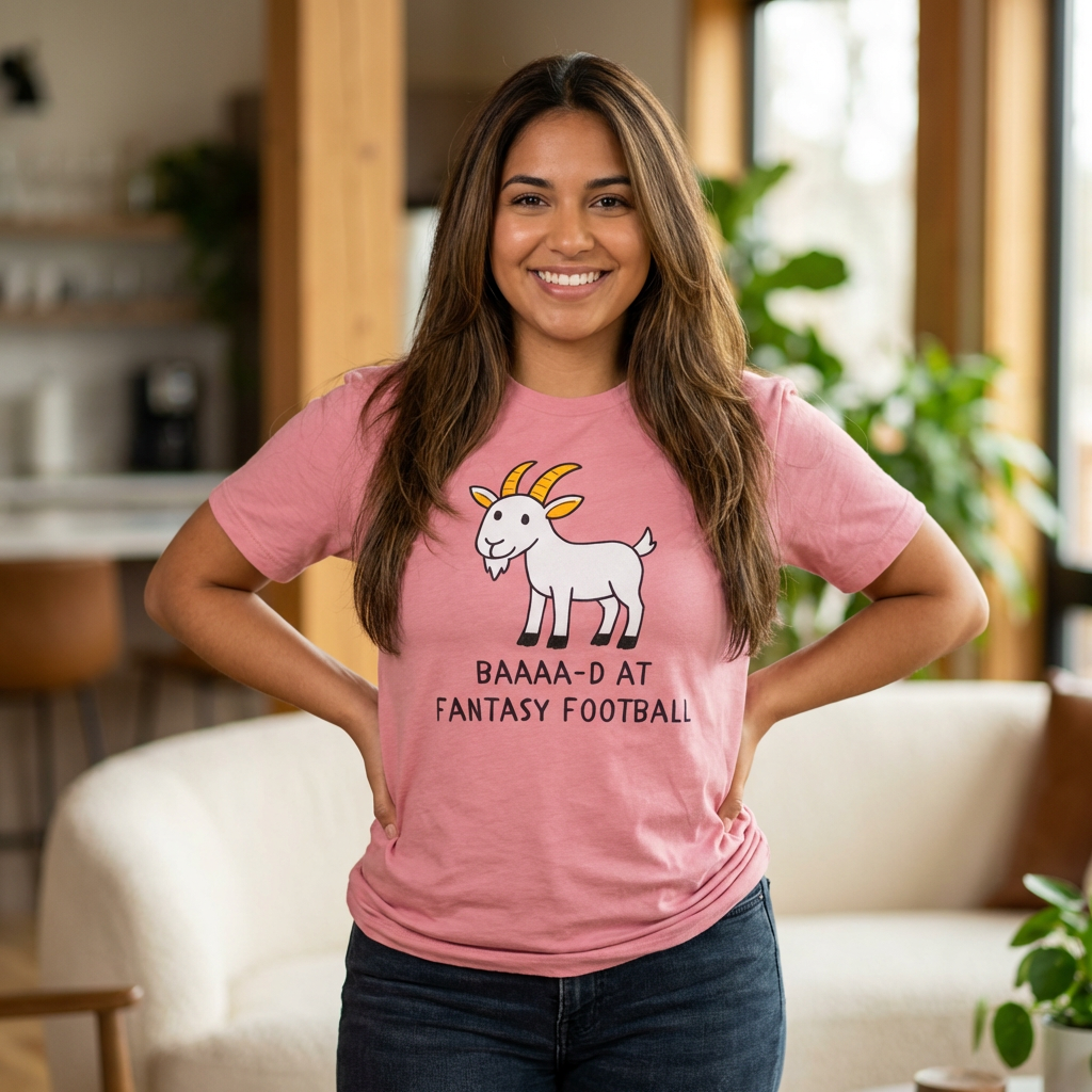 Woman wearing a pink t-shirt with a goat graphic and text in a living room.