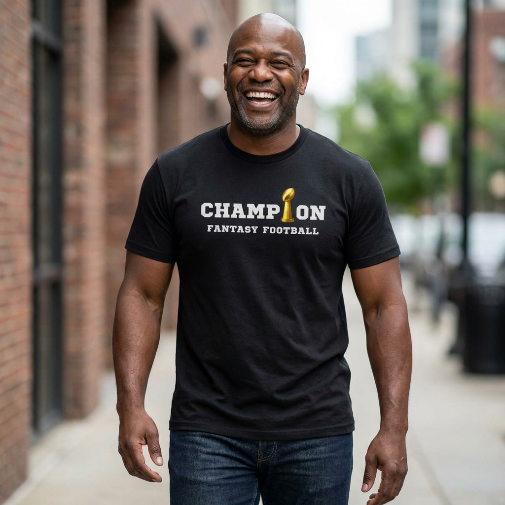 Man wearing a black 'Champion Fantasy Football' t-shirt on a city street.