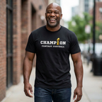 Man wearing a black 'Champion Fantasy Football' t-shirt on a city street.