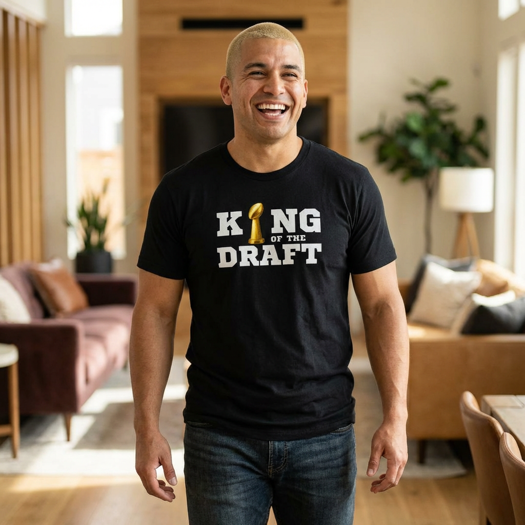 Man wearing a black t-shirt with 'King of the Draft' text in a living room.