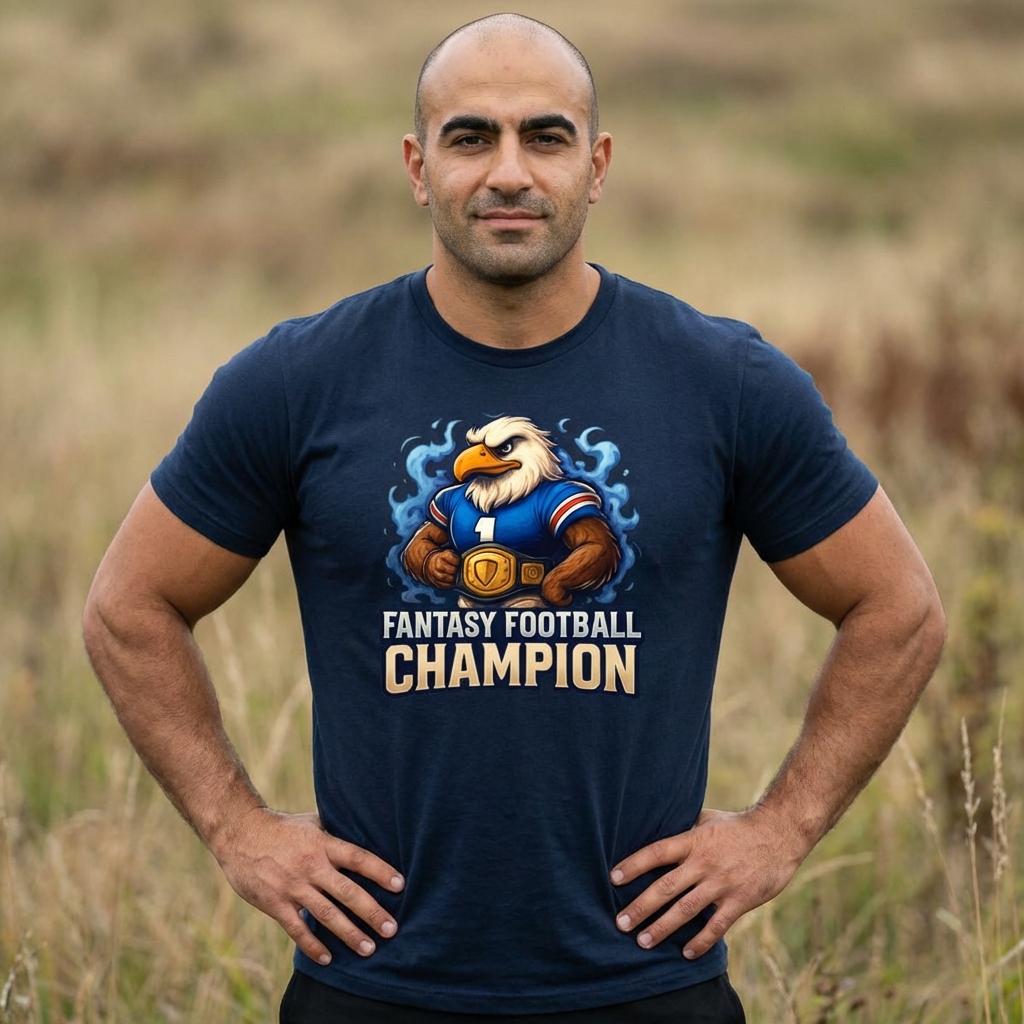 Man wearing a navy blue t-shirt with a fantasy football champion graphic in a grassy field.