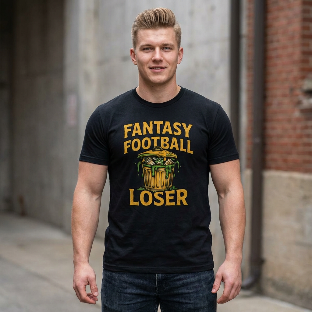 Man wearing a black t-shirt with 'Fantasy Football Loser' text and graphic, standing in an alley.