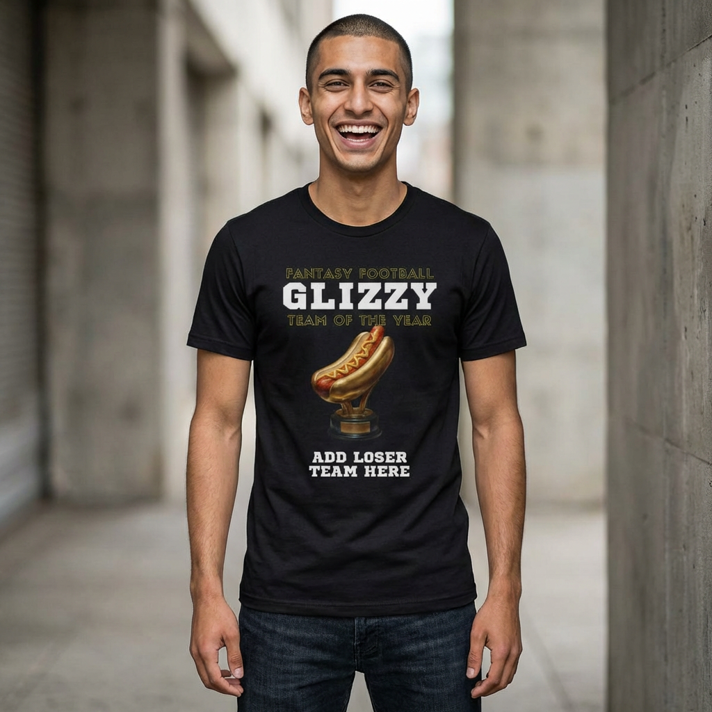 Man wearing a black t-shirt with a humorous design and text, standing in an urban setting.