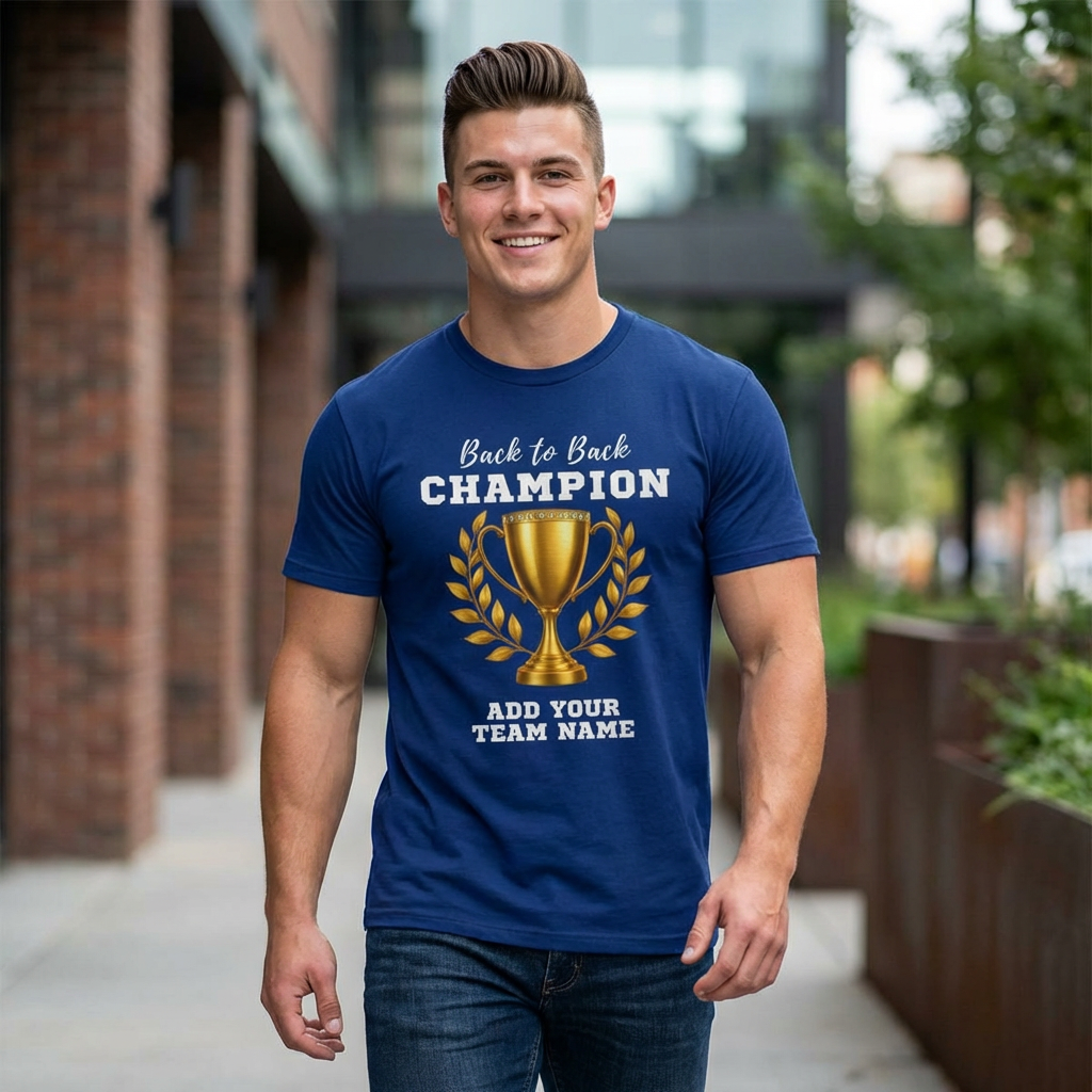 Man wearing a blue t-shirt with a trophy graphic and text, standing outdoors.