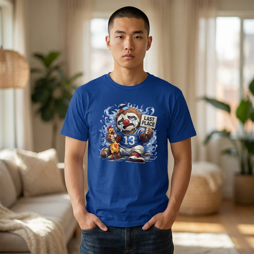 Man wearing a blue t-shirt with a graphic design in a living room.