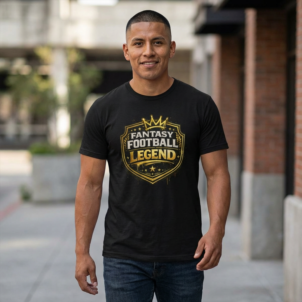 Man wearing a black t-shirt with 'Fantasy Football Legend' design outdoors.