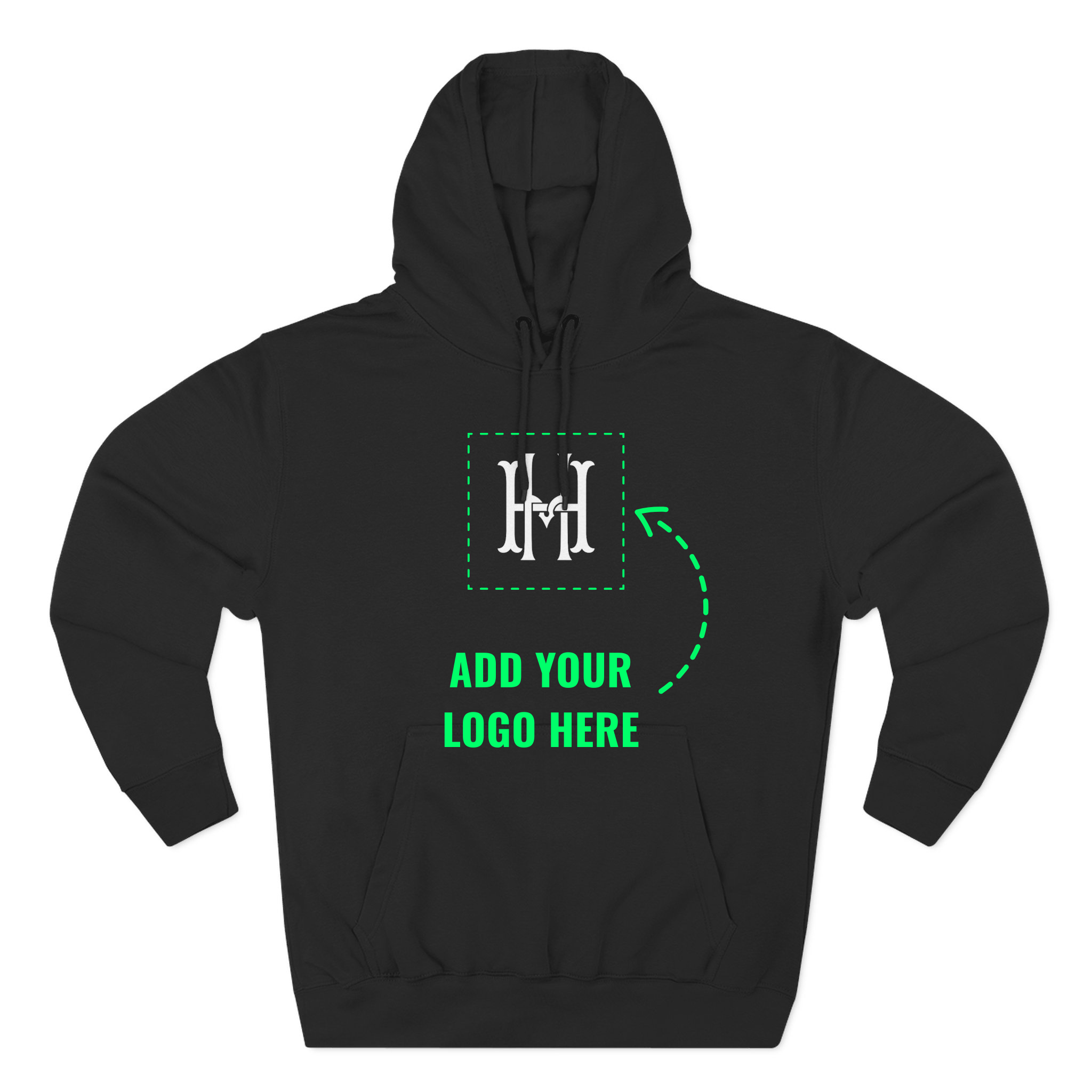 Black hoodie with customizable logo area on a white background