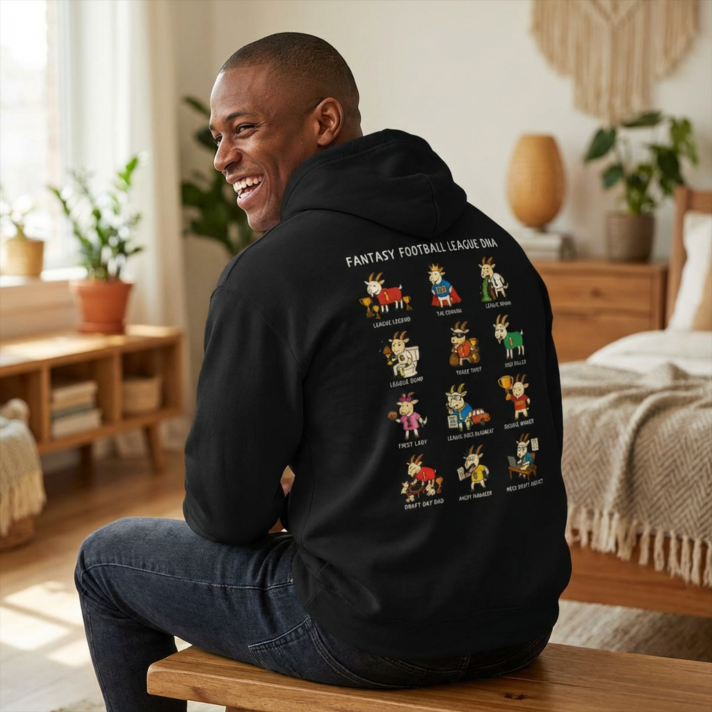 Person wearing a black hoodie with colorful graphics sitting in a room with plants and furniture.