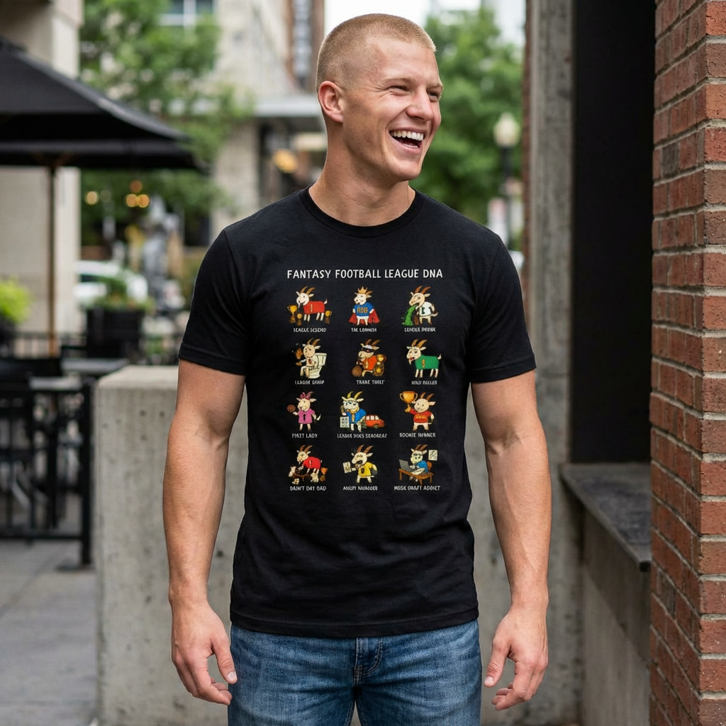 Man wearing a black t-shirt with colorful graphics and text, standing outdoors.