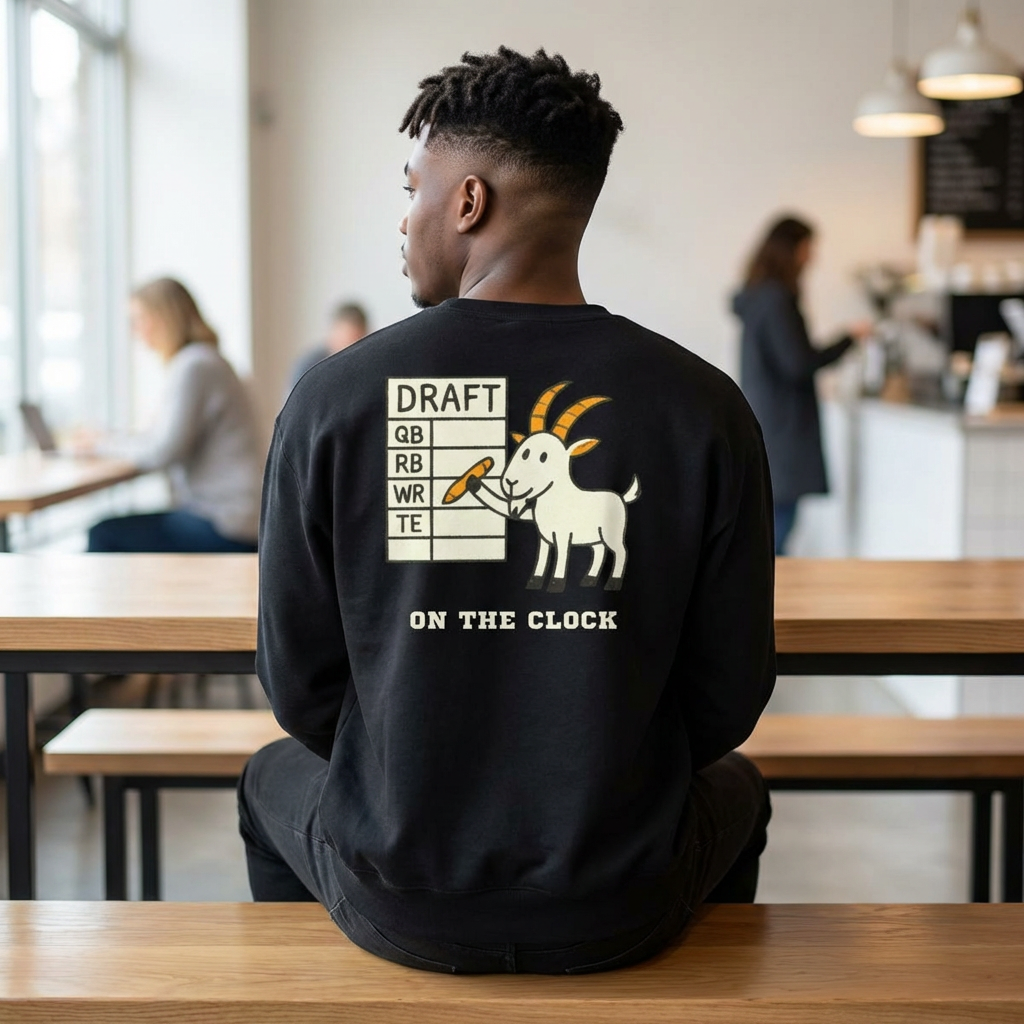 fantasy football sweatshirt with number one draft pick goat edition design