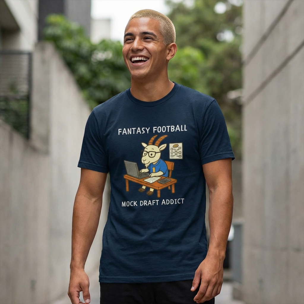 Man wearing a navy blue t-shirt with a graphic and text, standing outdoors.