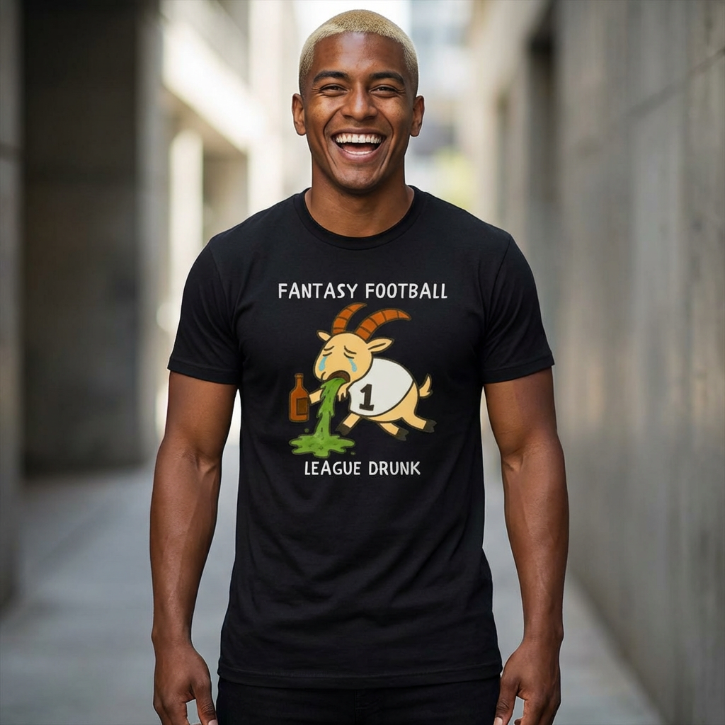 Man wearing a black t-shirt with a humorous graphic and text, standing in an urban setting.