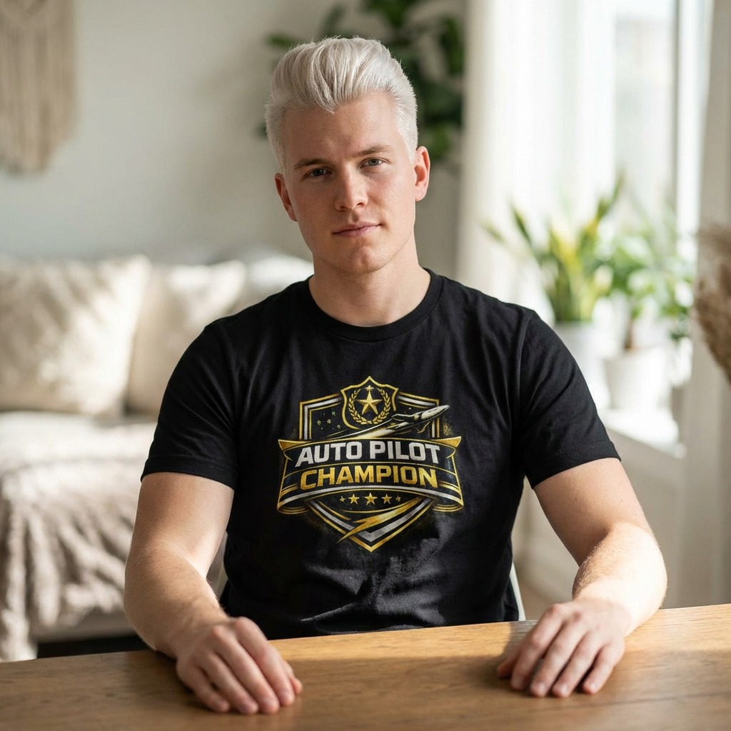 Person wearing a black t-shirt with 'Auto Pilot Champion' design in a room with a couch and plants.
