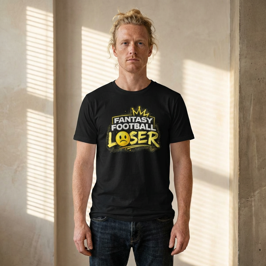 Man wearing a black t-shirt with 'Fantasy Football Loser' text in a room with sunlight filtering through blinds.