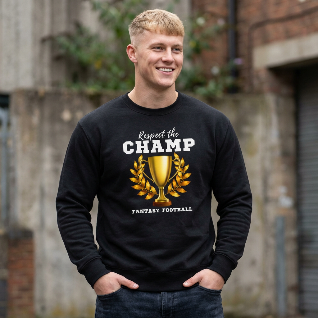fantasy football sweatshirt with respect the champ text