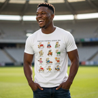 Man wearing a white t-shirt with colorful graphics and text, standing on a grassy field.