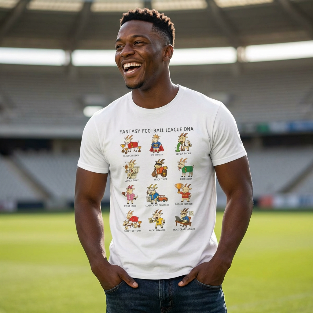 Man wearing a white t-shirt with colorful graphics and text, standing on a grassy field.