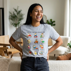 Woman wearing a 'Fantasy Football League DNA' t-shirt in a living room.