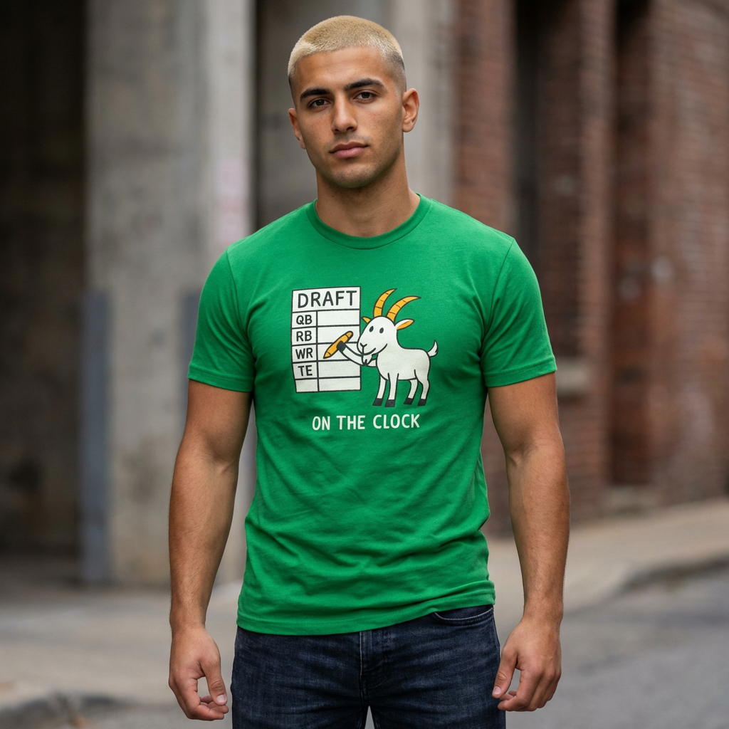 Man wearing a green t-shirt with a graphic design and text, standing outdoors.