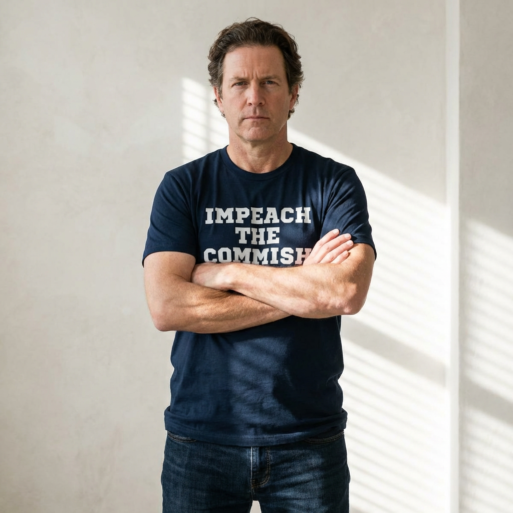 Man wearing a navy blue t-shirt with 'IMPEACH THE COMMISH' text, standing against a light background.