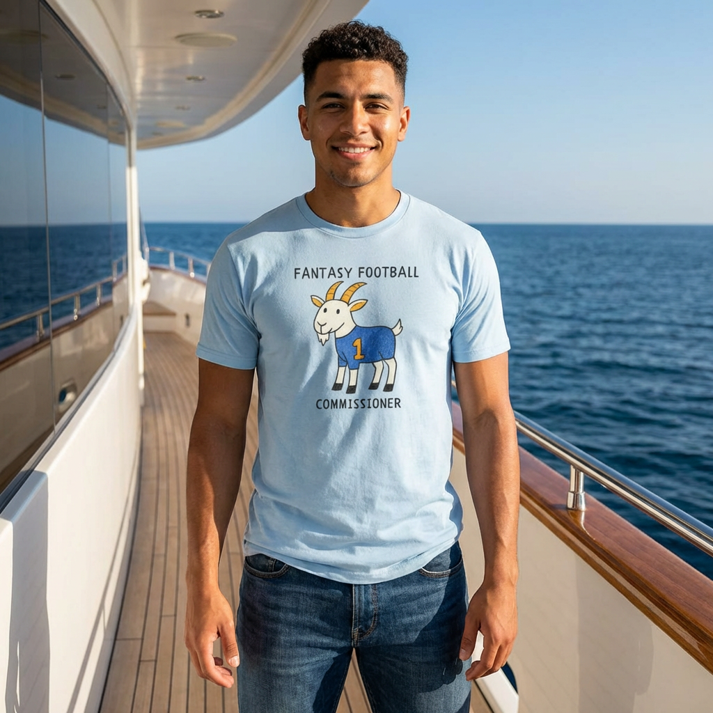 Man wearing a t-shirt with a goat graphic and text on a boat deck with ocean view