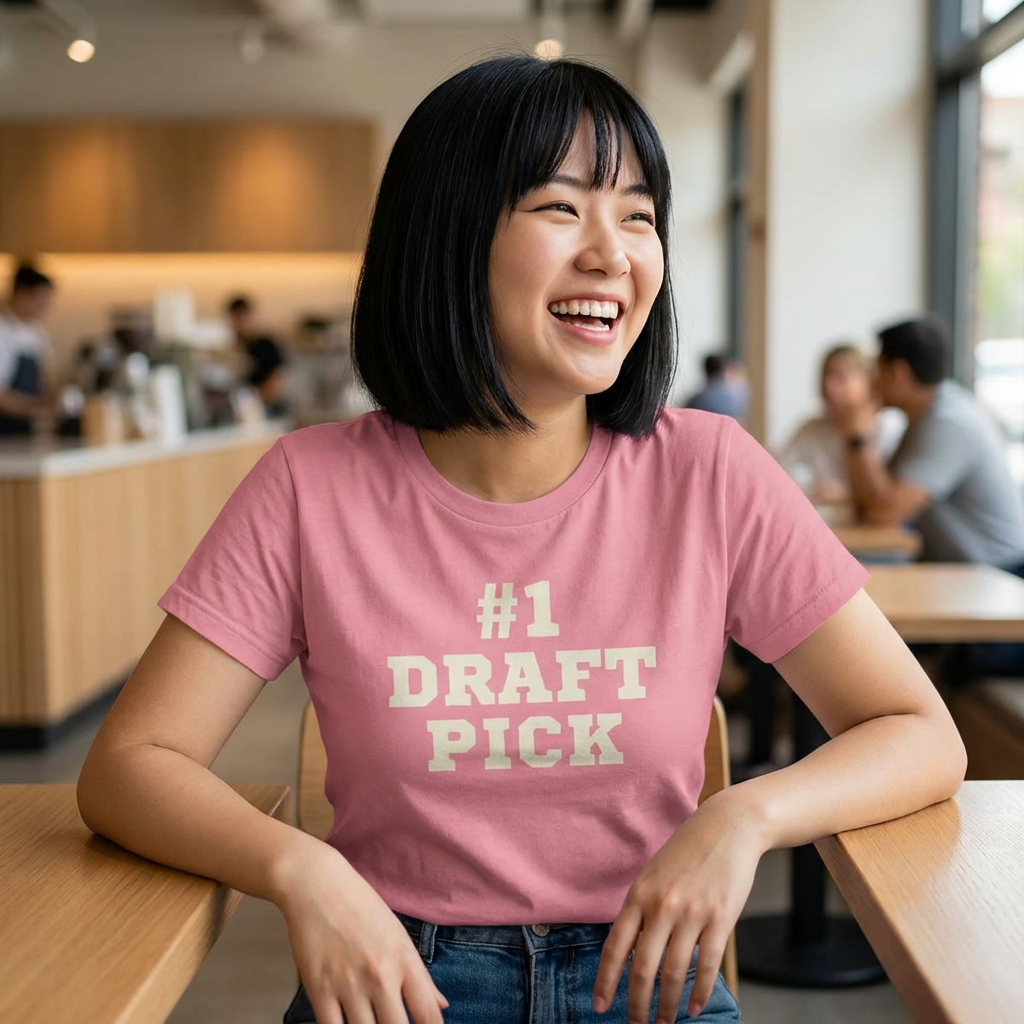 Person wearing a pink t-shirt with '#1 DRAFT PICK' text in a casual setting.