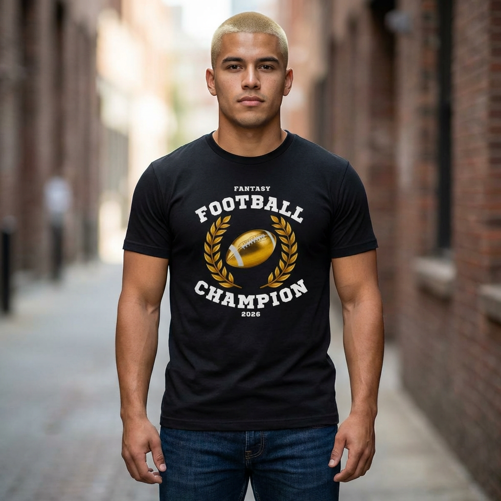 Man wearing a black t-shirt with 'Fantasy Football Champion' design in an alleyway.