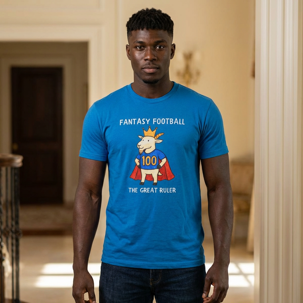 Man wearing a blue t-shirt with a graphic design and text in an indoor setting