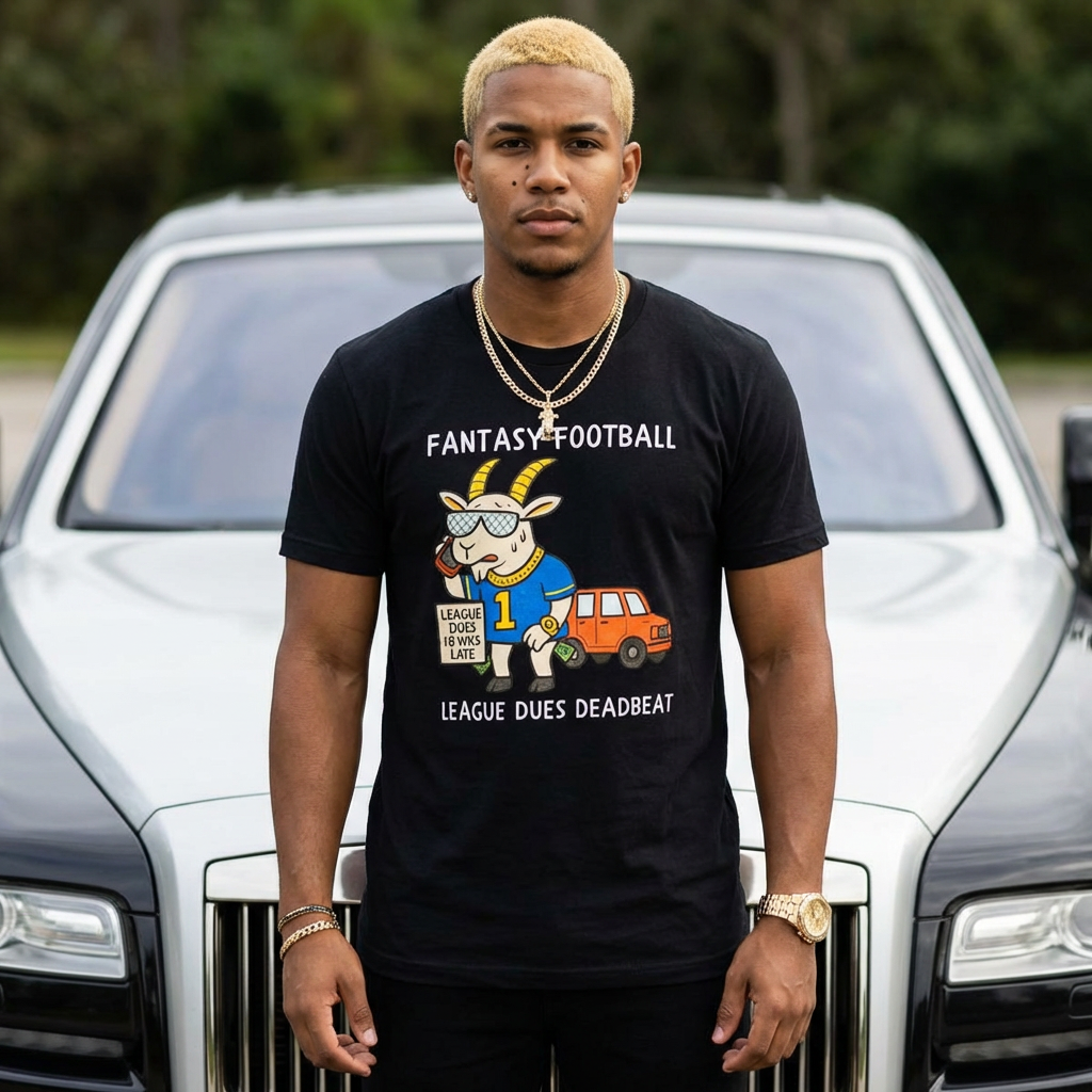 Man wearing a black t-shirt with a graphic design in front of a car