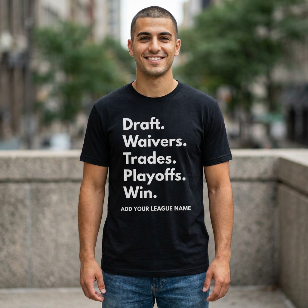 Man wearing a black t-shirt with text in an urban setting