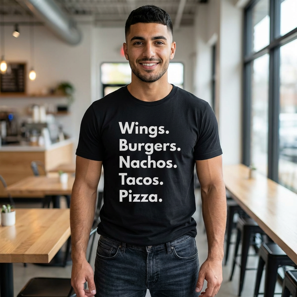 Wings. Burgers. Nachos. Tacos. Pizza. Tee