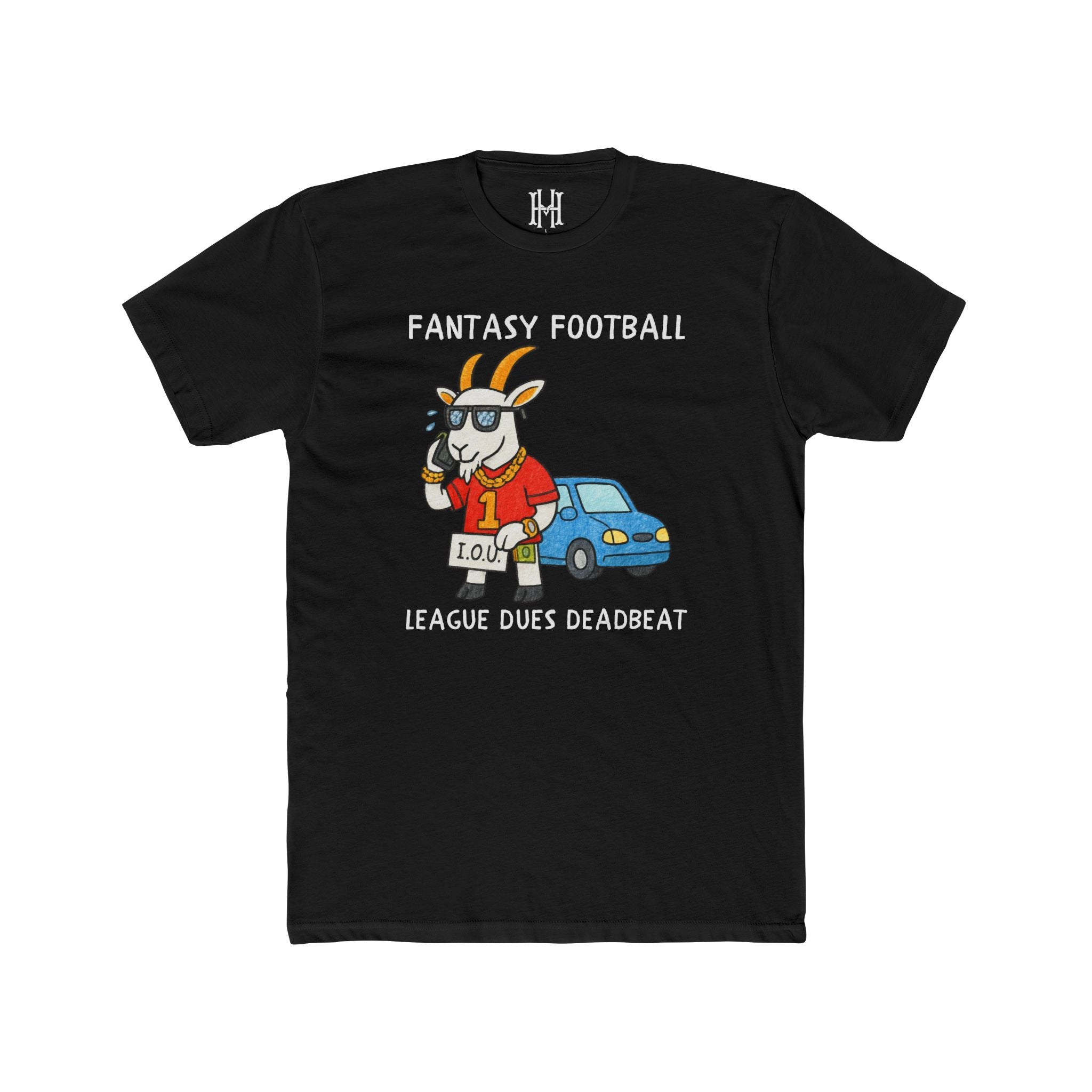 Black t-shirt with a graphic of a goat in a red jacket and a blue car, with text 'Fantasy Football League Dues Deadbeat' on a white background.