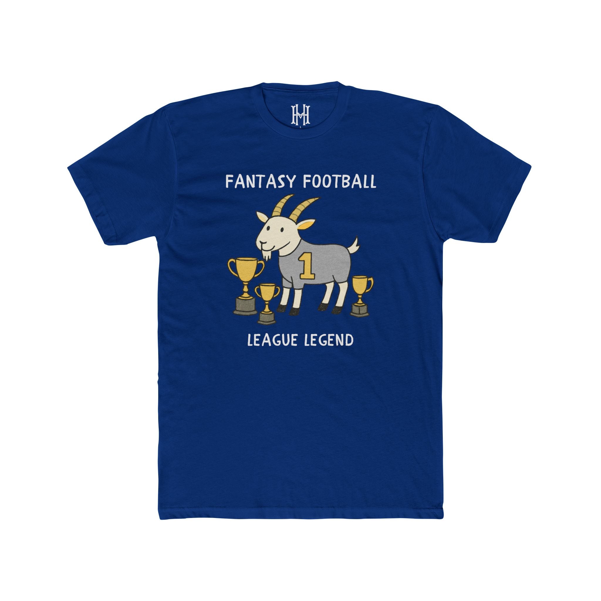 Blue t-shirt with a graphic of a goat and trophies, text 'Fantasy Football League Legend', on a white background.