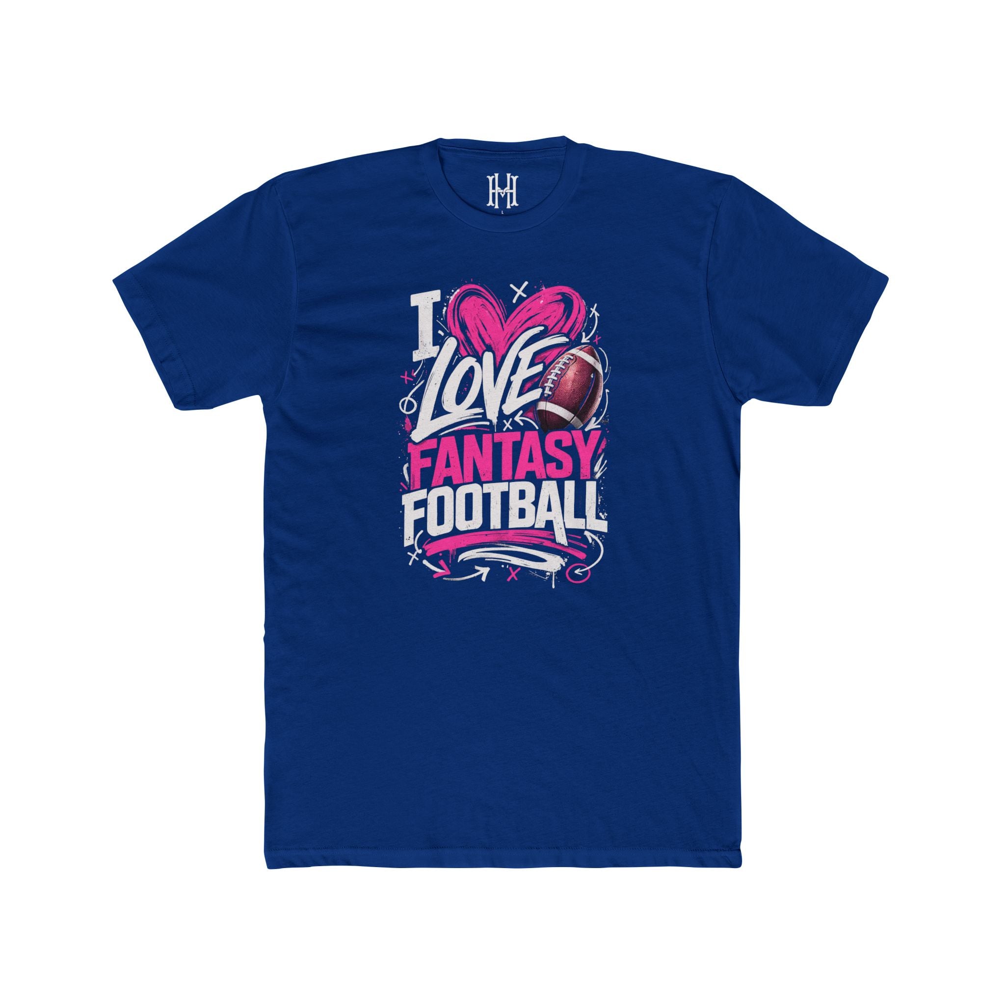 Blue Pink t-shirt with 'I Love Fantasy Football' graphic design on a white background