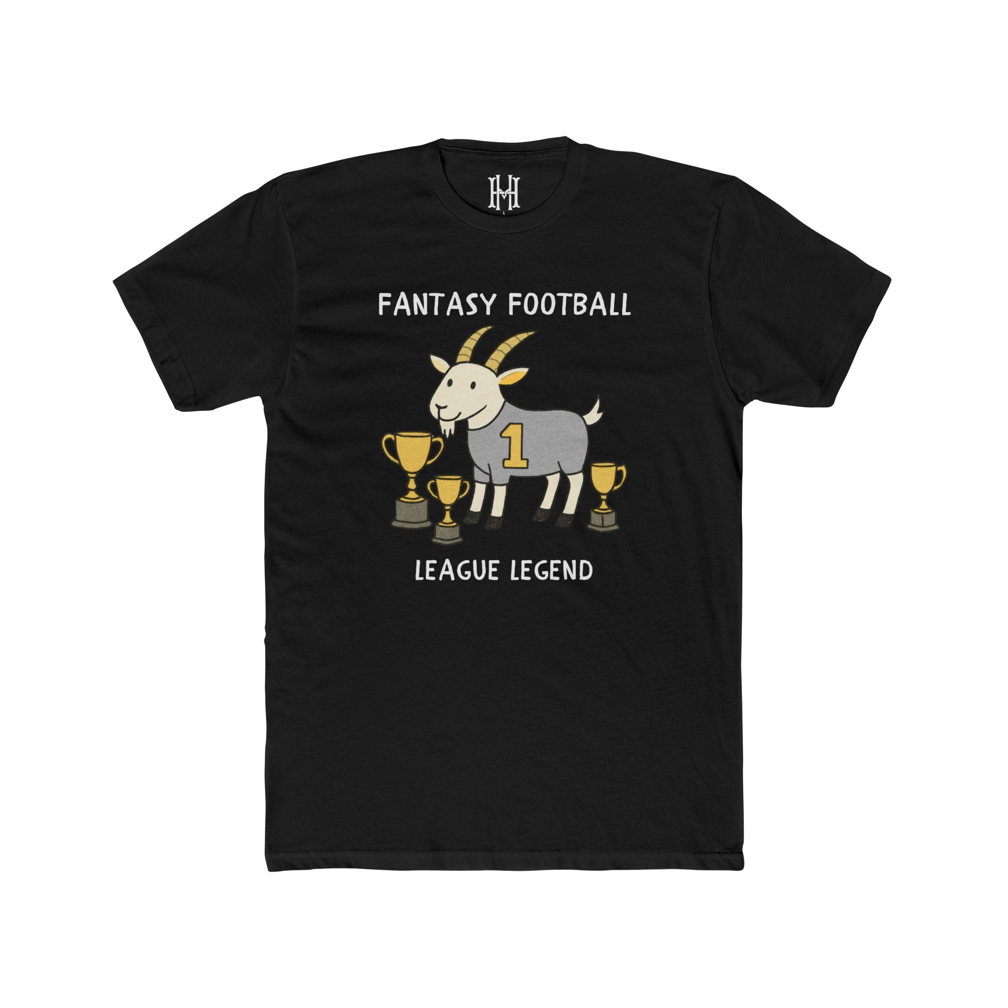 Black t-shirt with a graphic of a goat and trophies on a white background