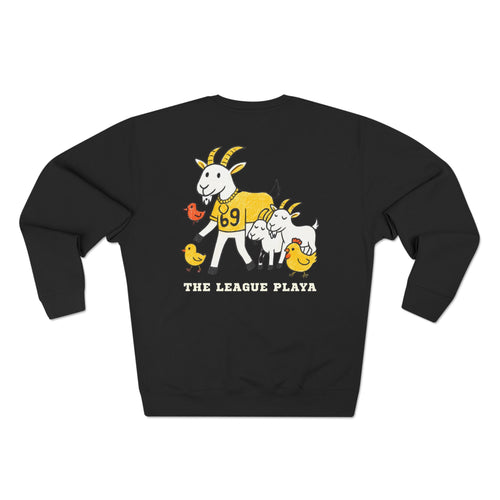 Black sweatshirt with a graphic of a goat in a yellow jersey and text 'The League Playa' on a white background
