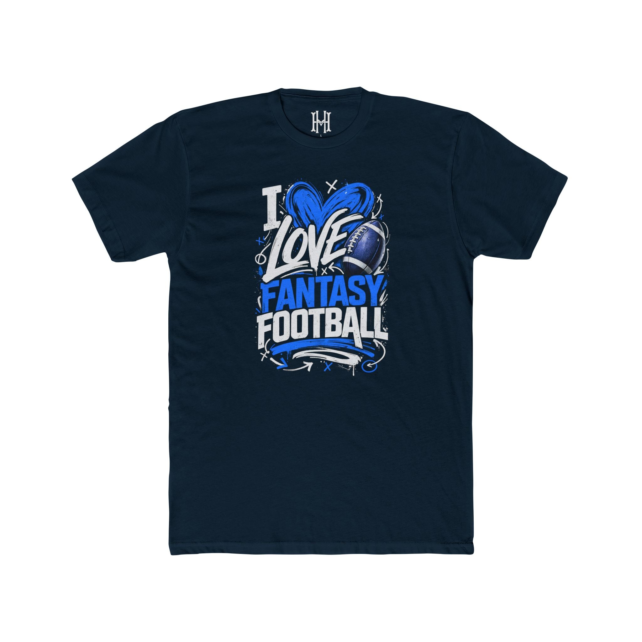 Navy blue t-shirt with 'I Love Fantasy Football' graphic design on a white background