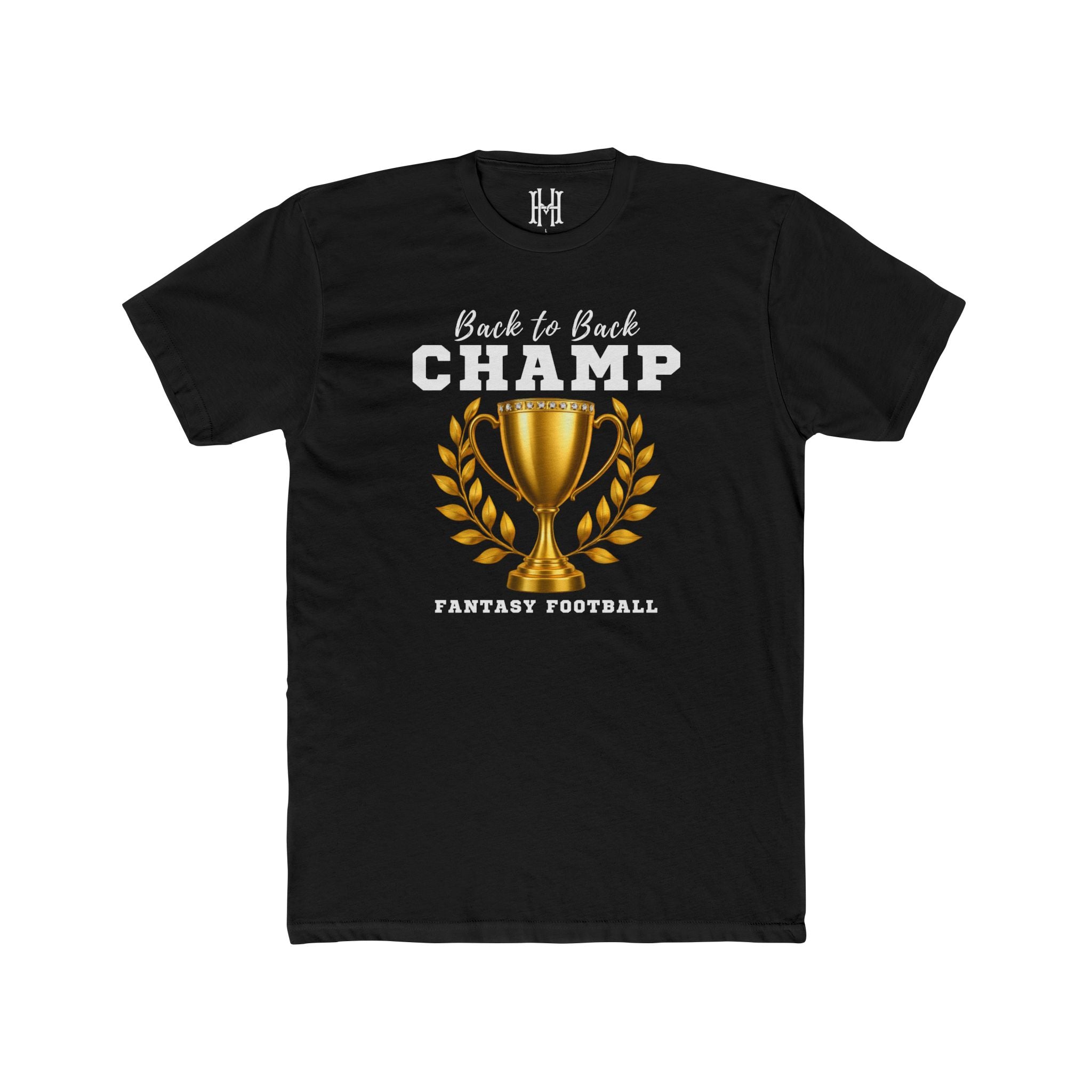 Black t-shirt with 'Back to Back Champ Fantasy Football' design featuring a gold trophy and leaves on a white background.