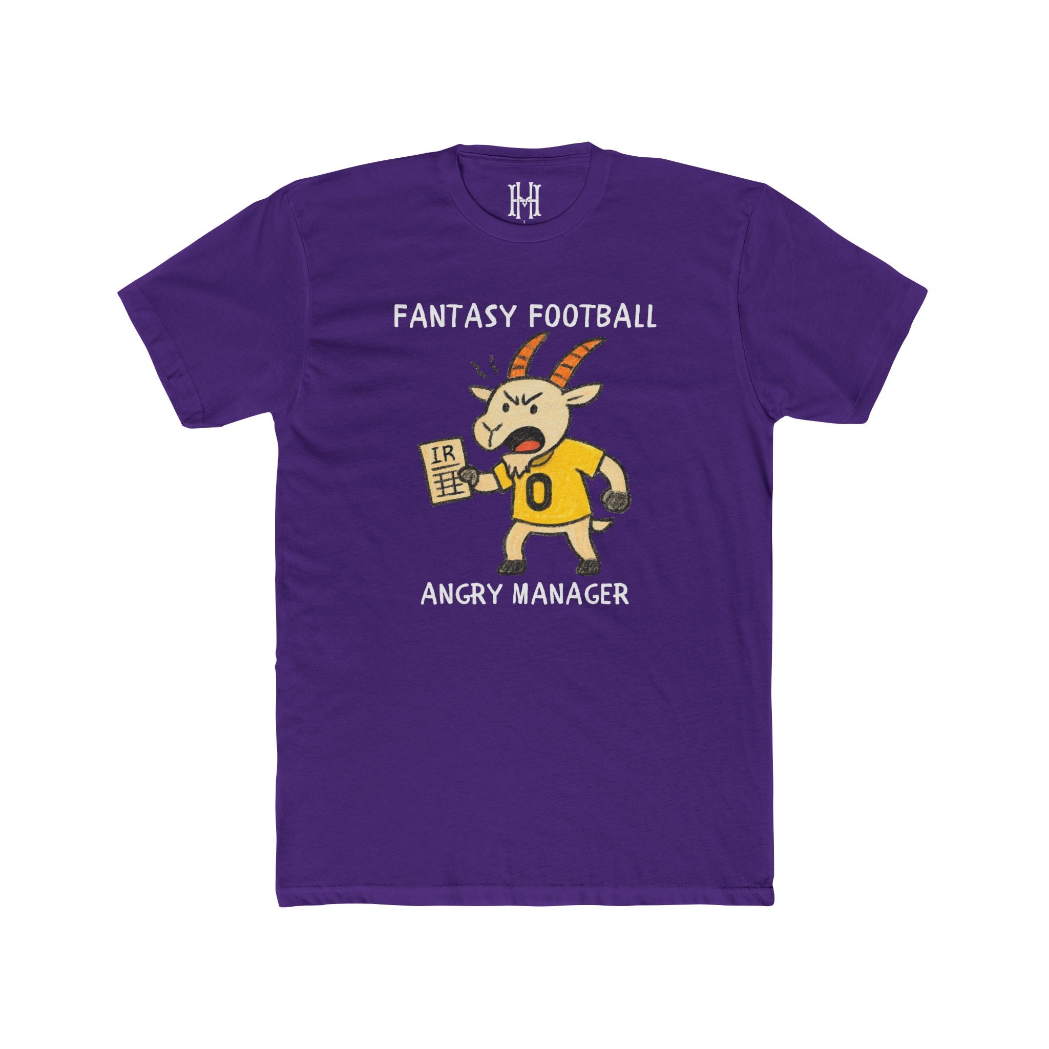Purple t-shirt with 'Fantasy Football Angry Manager' graphic on a white background