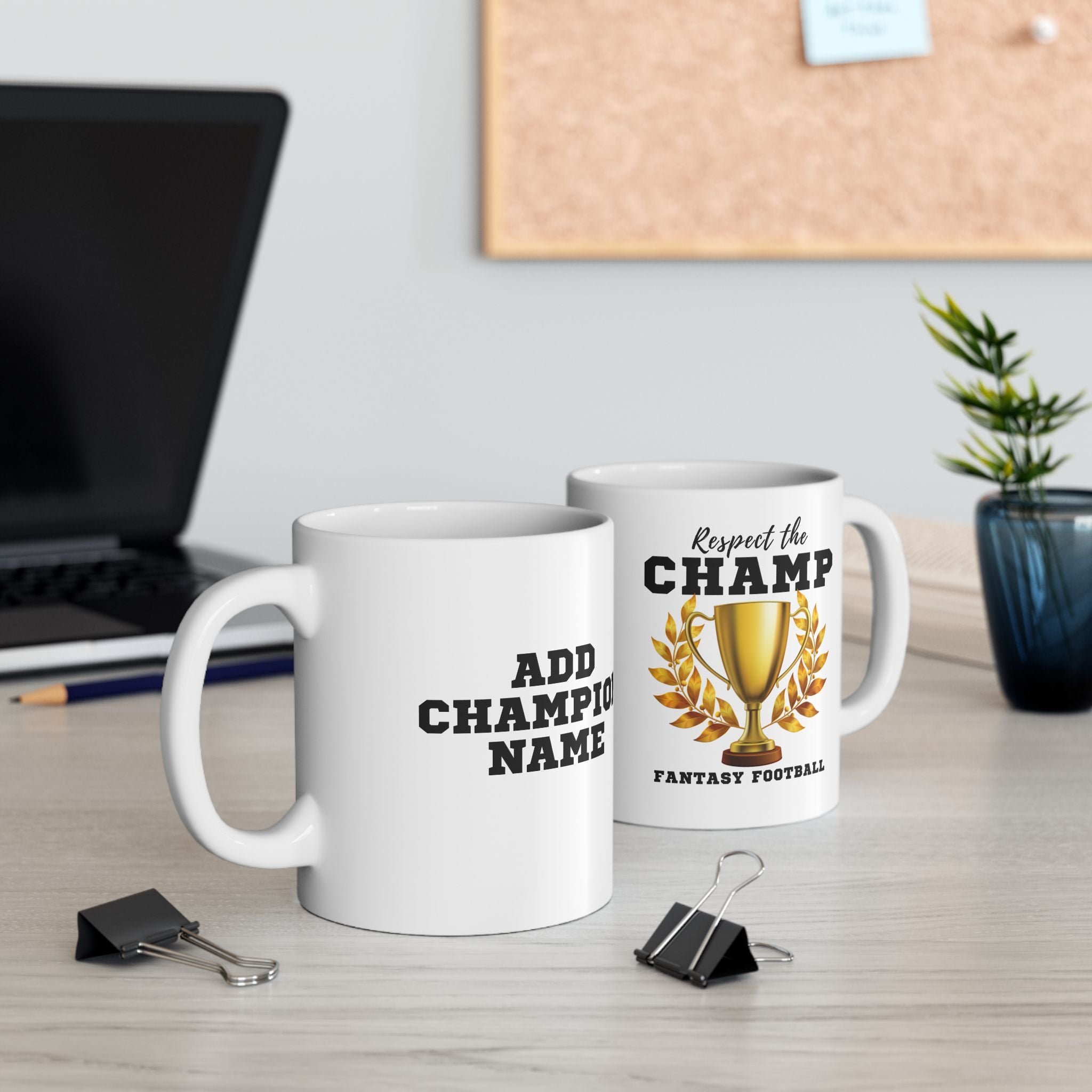fantasy football mug with respect the champ trophy design personalized