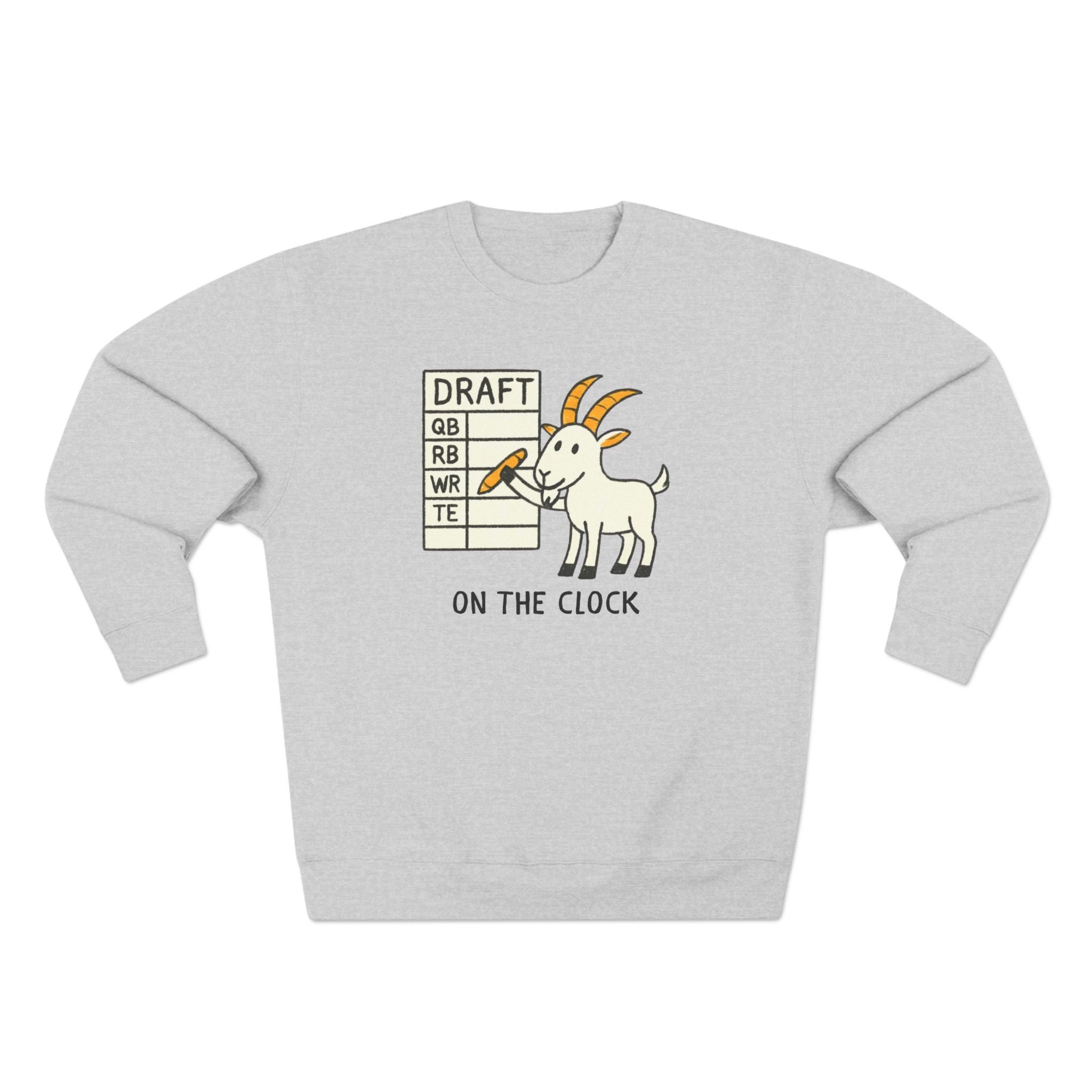 Gray sweatshirt with a graphic of a goat holding a sign and text on a white background