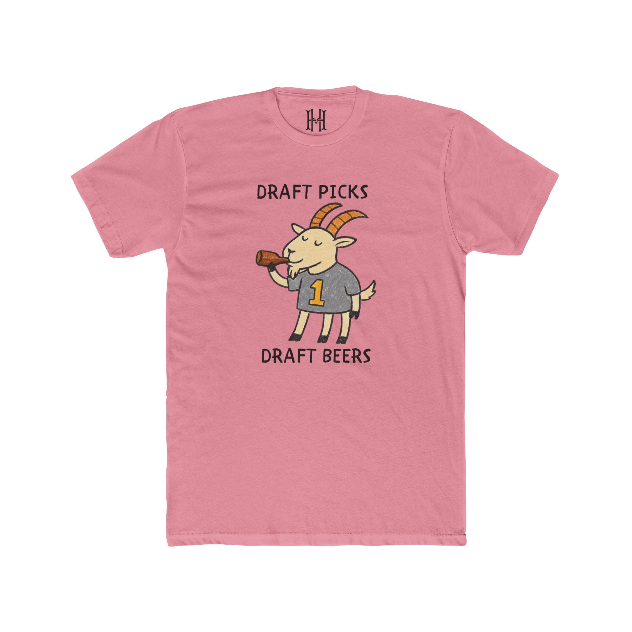 Pink t-shirt with a cartoon goat holding a beer and text 'Draft Picks Draft Beers' on a white background.
